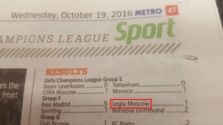 "Legia Moskwa" - błąd brytyjskiej gazety