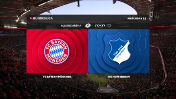 Wynik meczu piłki nożnej pomiędzy FC Bayern Monachium a TSG Hoffenheim, wyświetlany na tablicy wynik&oacute;w na stadionie Allianz Arena. Widoczne są herby obu drużyn.