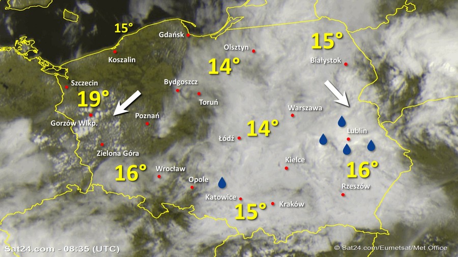 Zdjęcie satelitarne Polski w dniu 9 czerwca 2020 o godzinie 10:35. Dane: Sat24.com / Eumetsat.