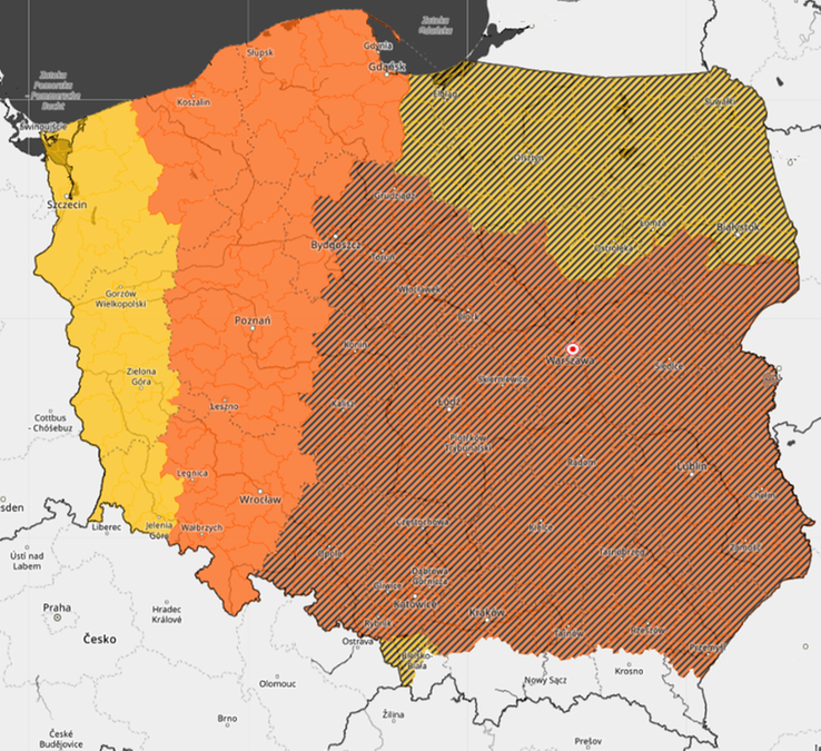 Mapa zagrożeń pogodowych w poniedziałek