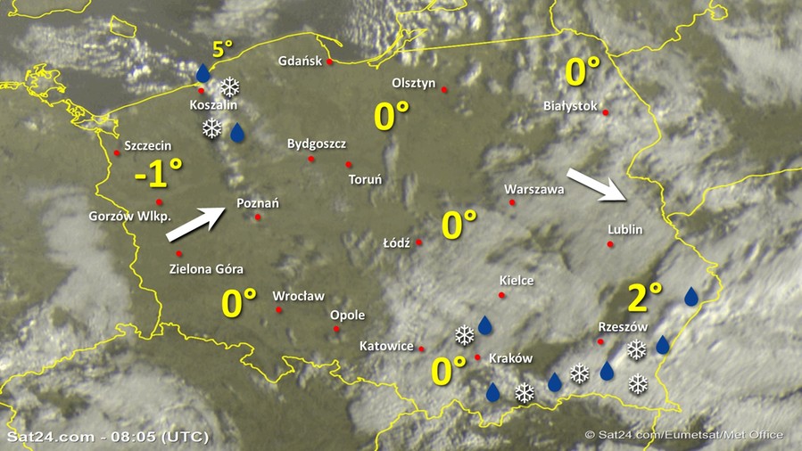 Zdjęcie satelitarne Polski w dniu 30 listopada 2019 o godzinie 9:05. Dane: Sat24.com / Eumetsat.