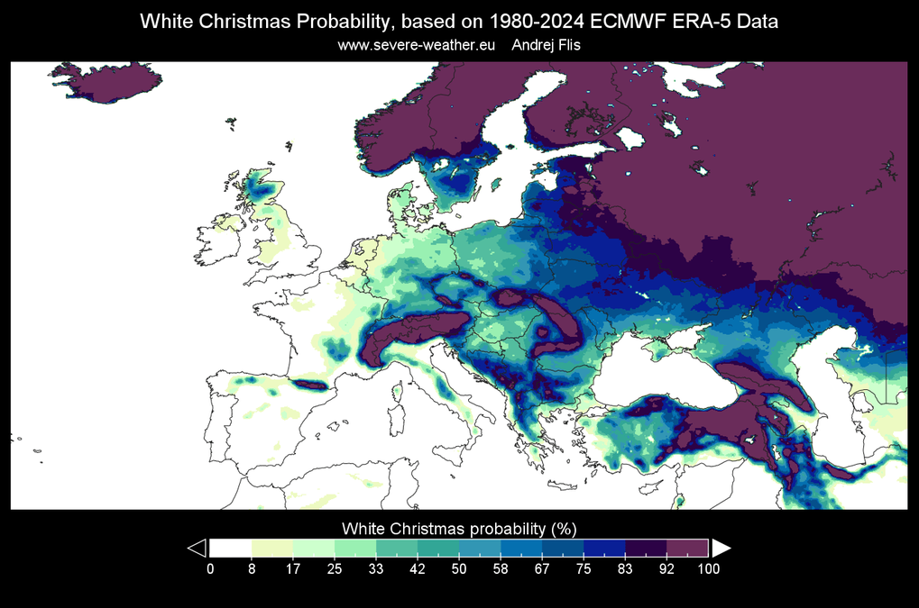 Mapa prezentuje prawdopodobieństwo białych świąt w Europie na podstawie danych z lat 1980-2024