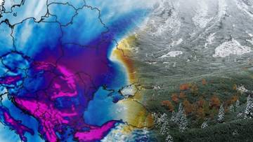 Mapa meteorologiczna Europy nałożona na zdjęcie g&oacute;rskiego krajobrazu z widocznym śniegiem i chmurami.