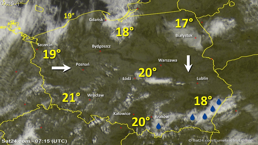 Zdjęcie satelitarne Polski w dniu 9 lipca 2018 o godzinie 9:15. Dane: Sat24.com / Eumetsat.