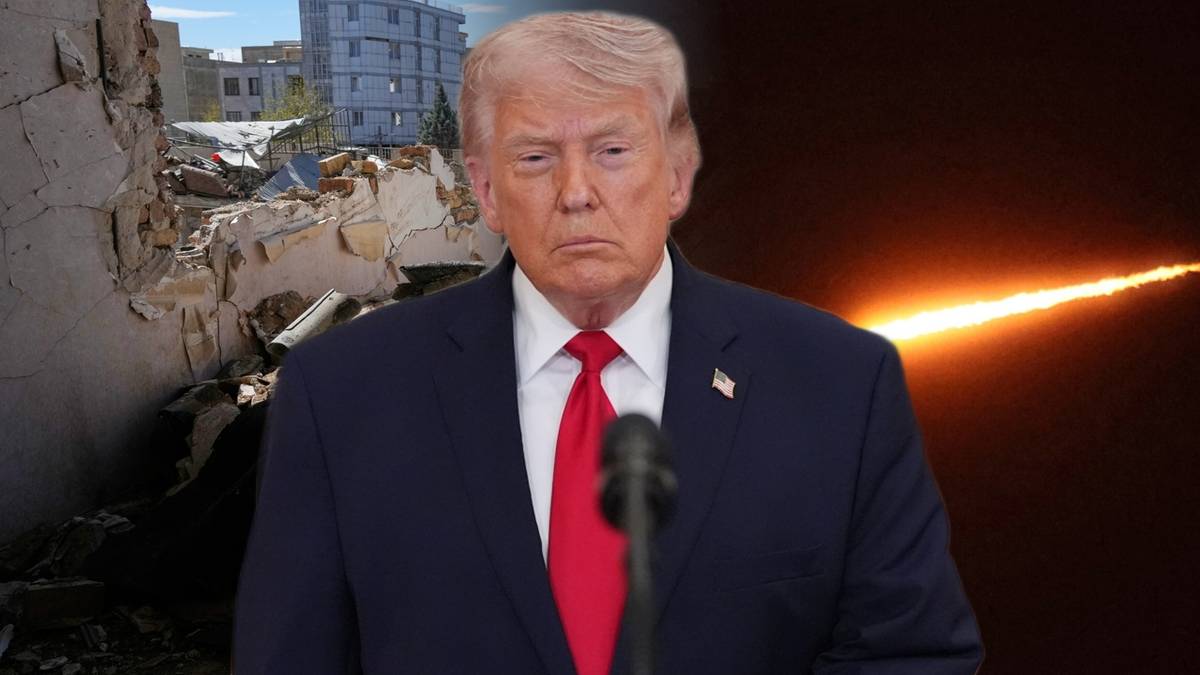 Donald Trump na tle zniszczonej budowli i rozbłysku pocisku.