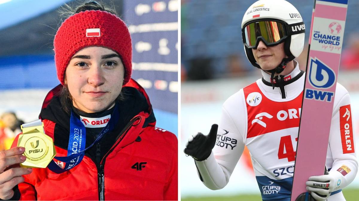 Dwie fotografie przedstawiające polskich skoczków narciarskich. Po lewej młoda kobieta w czerwonej kurtce i czapce, z polską flagą, trzymająca złoty medal. Po prawej mężczyzna w stroju narciarskim z kaskiem i nartami, pokazujący kciuk w górę.