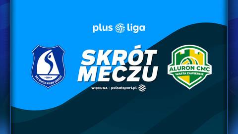 Grafika z napisem "SKR&Oacute;T MECZU" pomiędzy logotypami drużyn MKS Ślepsk Malow Suwałki i Aluron CMC Warta Zawiercie, z logo Plus Ligi na g&oacute;rze.