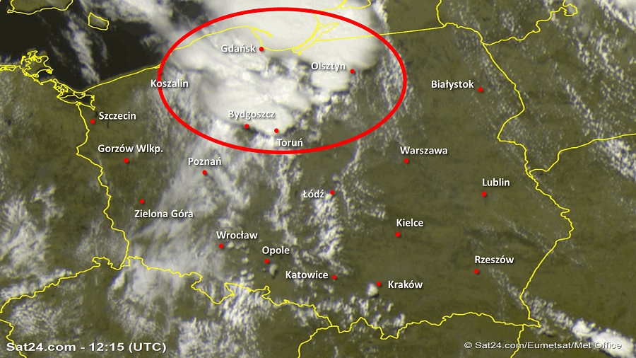 Zdjęcie satelitarne Polski w dniu 13 czerwca 2019 o godzinie 14:15. Dane: Sat24.com / Eumetsat.