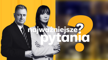 Dwoje prowadzących program "Najważniejsze pytania" na tle grafiki z logotypem programu i pytajnikiem.