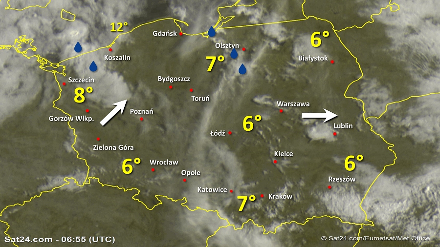 Zdjęcie satelitarne Polski w dniu 20 września 2019 o godzinie 8:55. Dane: Sat24.com / Eumetsat.