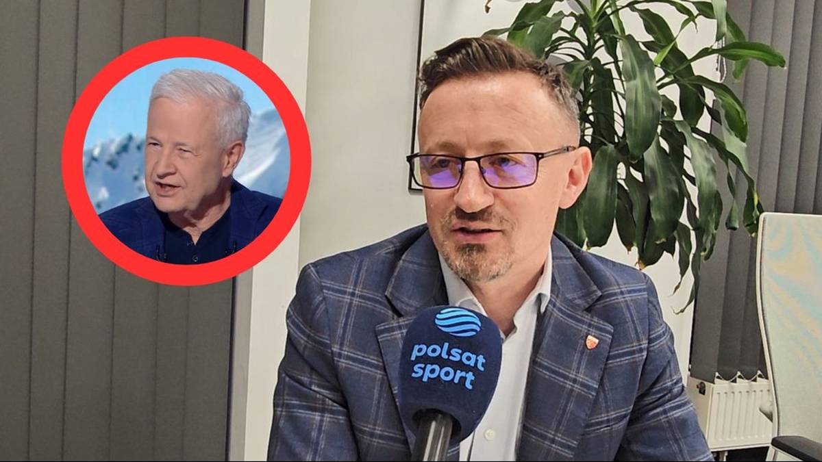Adam Małysz, prezes PZN, siedzi przy mikrofonie Polsat Sport. W lewym g&oacute;rnym rogu, w czerwonym okręgu, widnieje mniejszy portret Apoloniusza Tajnera.