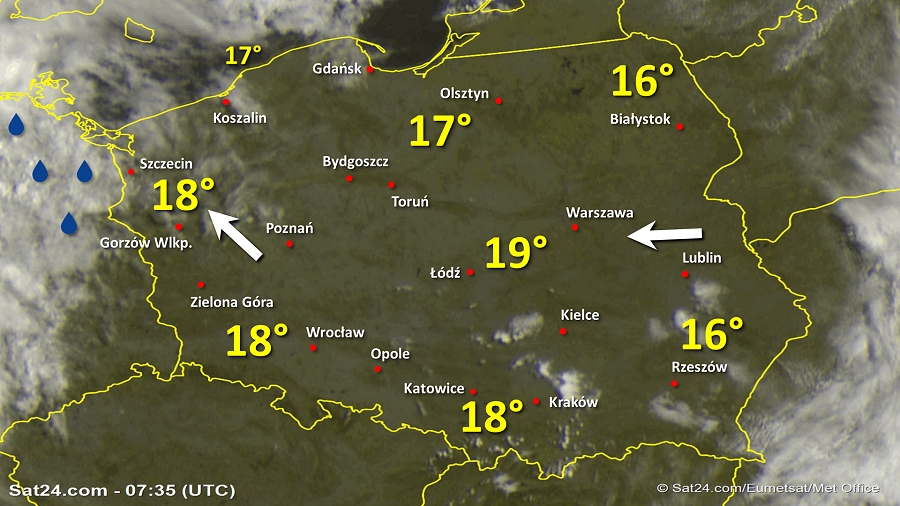 Zdjęcie satelitarne Polski w dniu 15 sierpnia 2019 o godzinie 9:35. Dane: Sat24.com / Eumetsat.