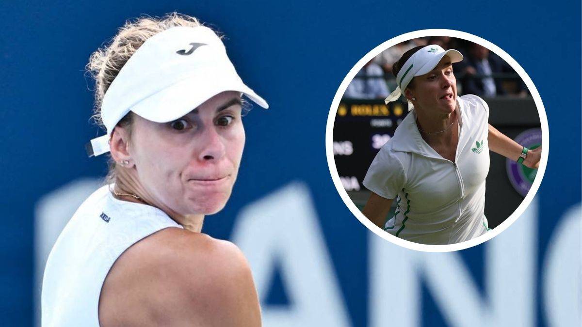 Portret tenisistki Magdy Linette na pierwszym planie, w tle koło z jej wizerunkiem podczas meczu.