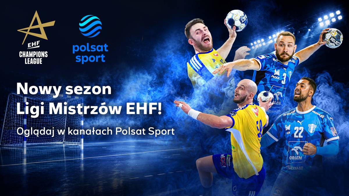 Czterech zawodników drużyny piłki ręcznej w akcji. Dwóch z nich trzyma piłki, a jeden z nich jest w trakcie rzutu. W tle widoczna jest część bramki i efektowne niebieskie światła.