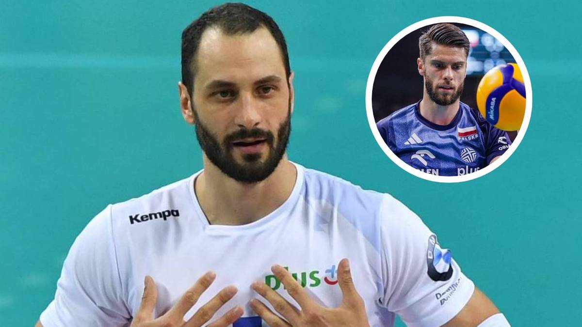 Zbliżenie na twarz siatkarza w białej koszulce, z lewej strony obrazu. W prawym górnym rogu, w okrągłym kadrze, znajduje się zdjęcie innego siatkarza trzymającego piłkę.