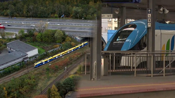 Kolaż przedstawiający pociąg na torach obok autostrady oraz nowoczesny pociąg na peronie stacji kolejowej.