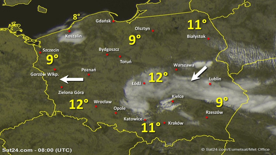 Zdjęcie satelitarne Polski w dniu 22 kwietnia 2020 o godzinie 10:00. Dane: Sat24.com / Eumetsat.