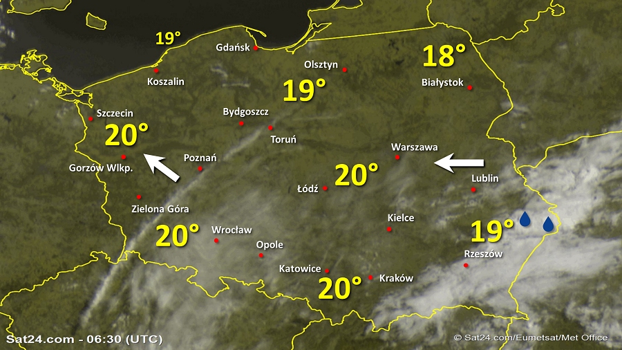Zdjęcie satelitarne Polski w dniu 18 czerwca 2019 o godzinie 8:30. Dane: Sat24.com / Eumetsat.