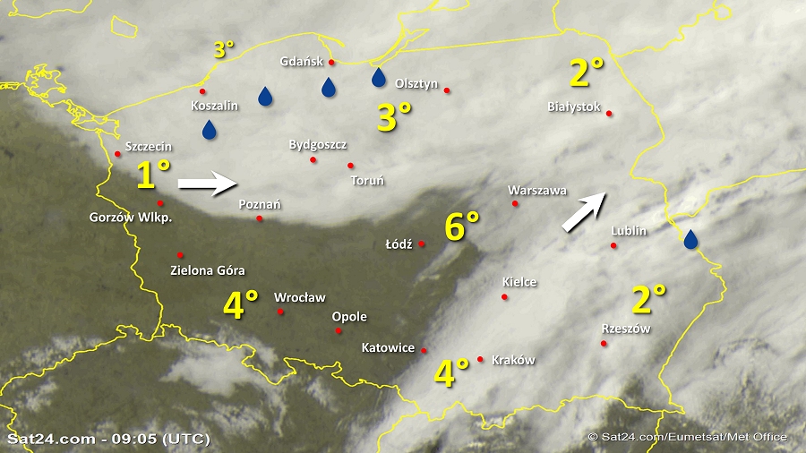 Zdjęcie satelitarne Polski w dniu 15 lutego 2019 o godzinie 10:05. Dane: Sat24.com / Eumetsat.