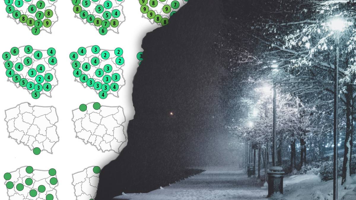 Kolaż map z danymi pogodowymi i zimowego krajobrazu z ośnieżoną ulicą i latarniami.