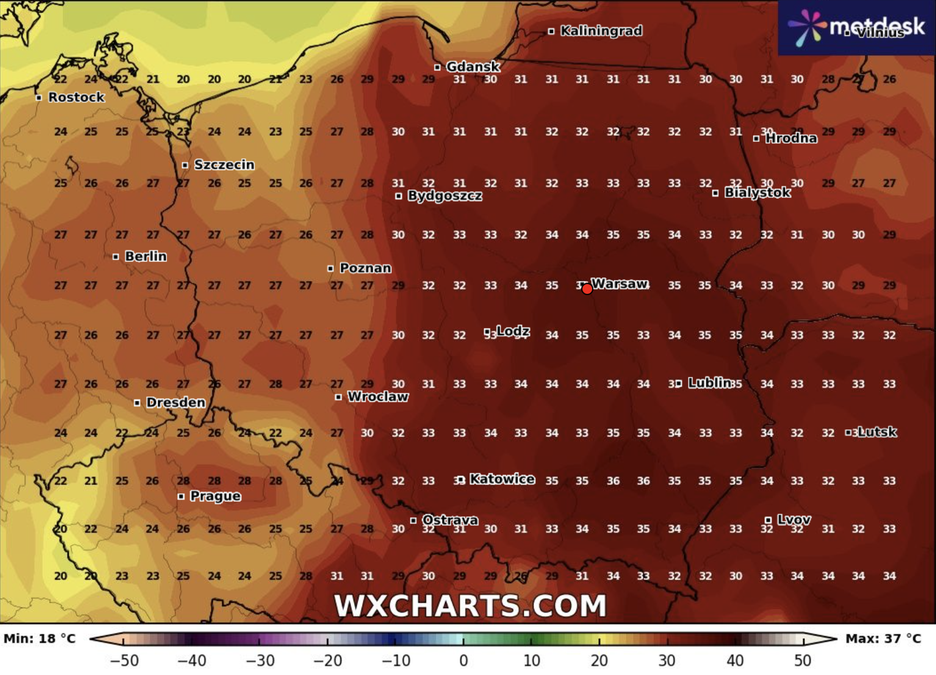 Fala upałów w Polsce. Fot. WXCHARTS