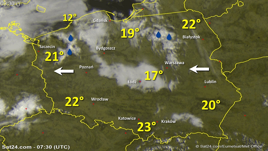 Zdjęcie satelitarne Polski w dniu 27 maja 2018 o godzinie 9:30. Dane: Sat24.com / Eumetsat.