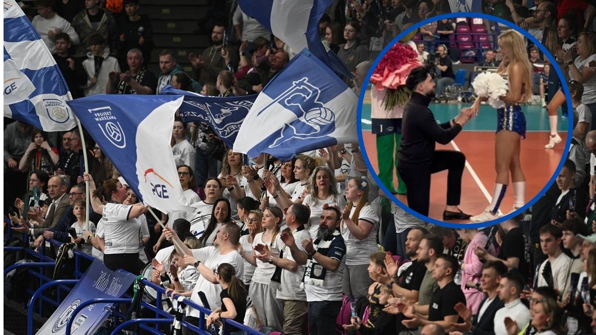 Mężczyzna klęczący z bukietem kwiat&oacute;w i pierścionkiem przed cheerleaderką na boisku podczas meczu siatk&oacute;wki.