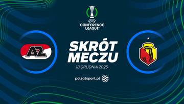 Logo AZ Alkmaar po lewej, logo Jagiellonii Białystok po prawej, z napisem SKRÓT MECZU pośrodku.