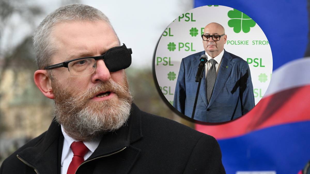 Portret polityka z zasłoniętym okiem i brodą, w tle mniejsze zdjęcie mężczyzny w garniturze za mównicą z logo PSL.