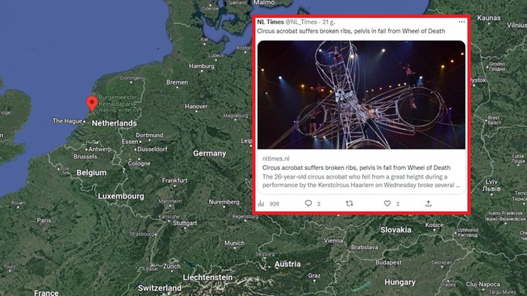 Holandia: Podczas występu w cyrku doszło do wypadku. Akrobata spadł z dużej wysokości