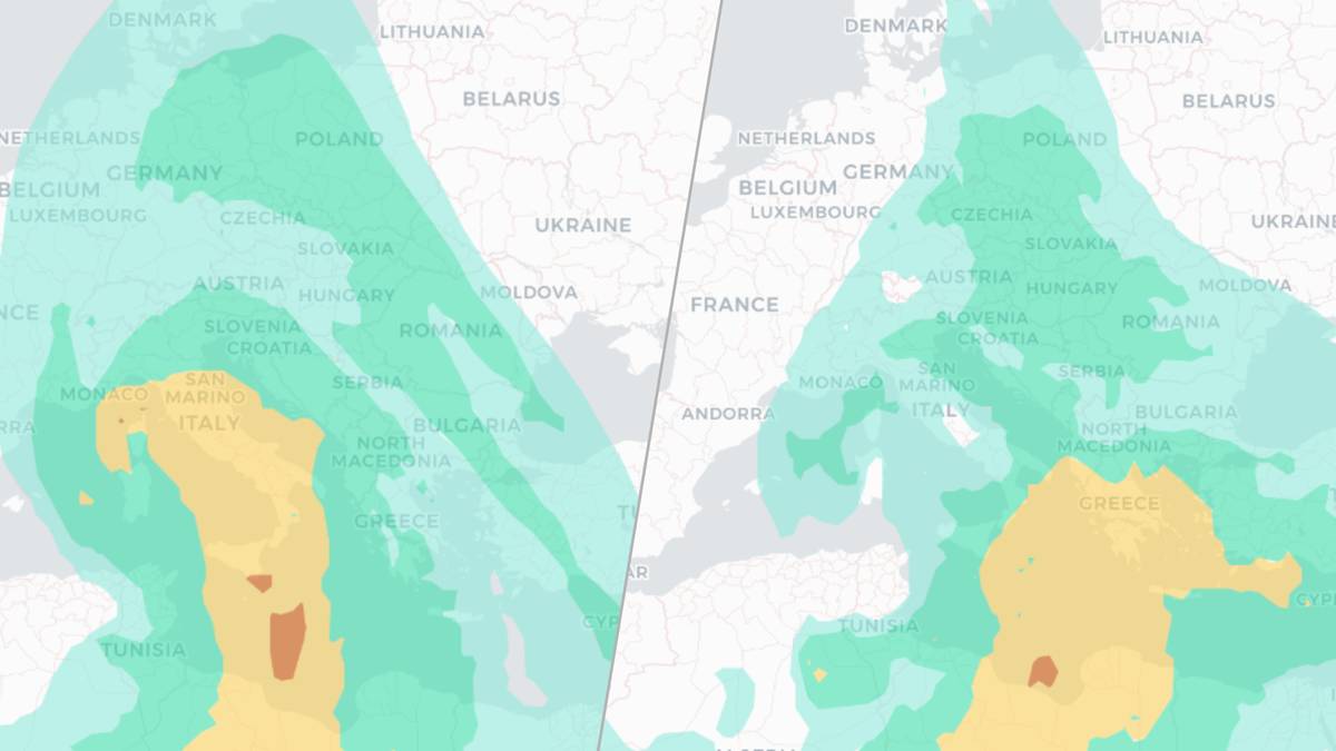 Chmura pyłu saharyjskiego w Europie według symulacji WMO Barcelona Dust Regional Center