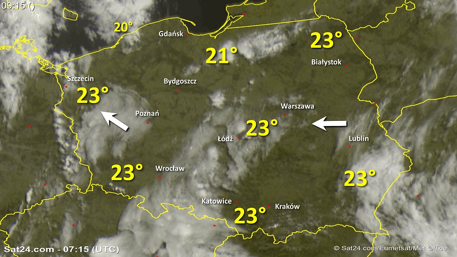 Zdjęcie satelitarne Polski w dniu 17 czerwca 2018 o godzinie 9:15. Dane: Sat24.com / Eumetsat.