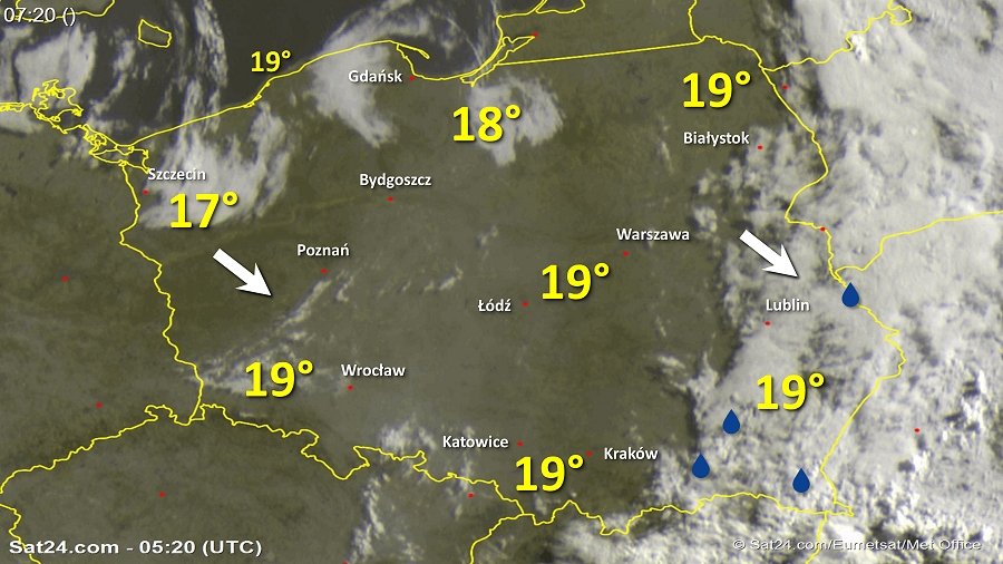 Zdjęcie satelitarne Polski w dniu 24 lipca 2018 o godzinie 7:20. Dane: Sat24.com / Eumetsat.