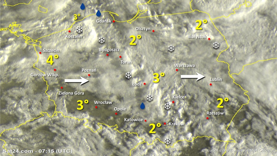 Zdjęcie satelitarne Polski w dniu 12 lutego 2020 o godzinie 8:15. Dane: Sat24.com / Eumetsat.