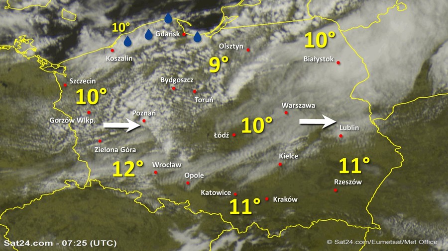 Zdjęcie satelitarne Polski w dniu 16 maja 2020 o godzinie 9:25. Dane: Sat24.com / Eumetsat.