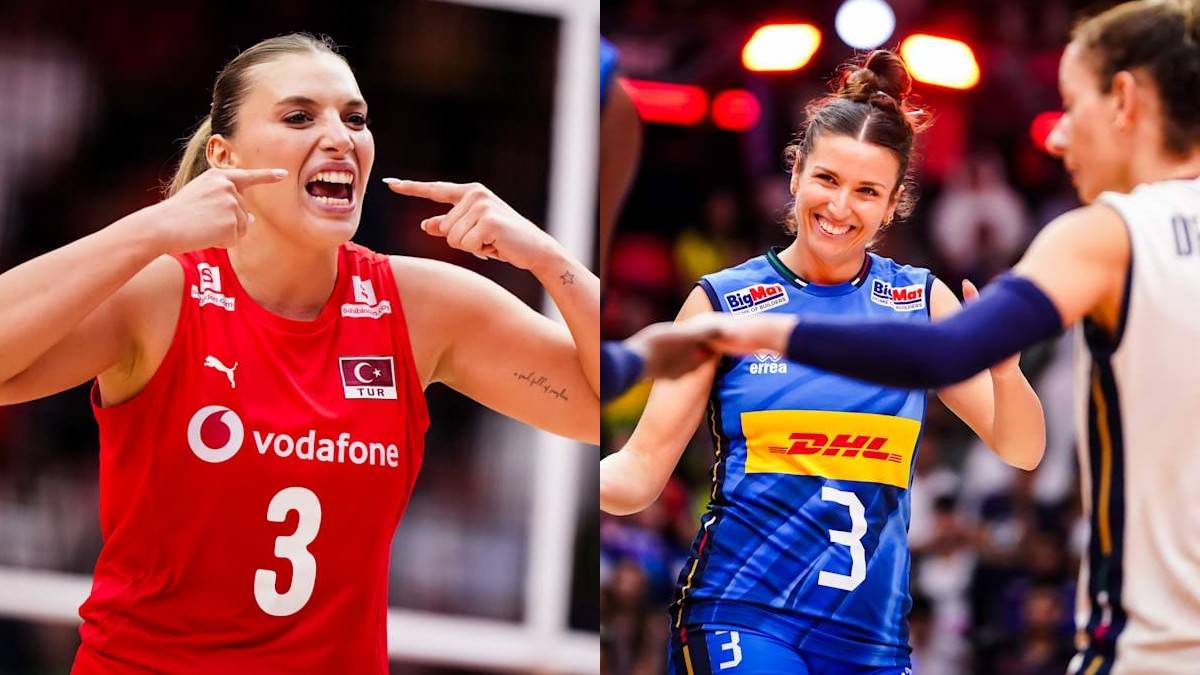 Dwie siatkarki w akcji podczas meczu siatkówki. Po lewej zawodniczka w czerwonej koszulce z numerem 3 i logo Turcji. Po prawej zawodniczka w niebieskiej koszulce z numerem 3 i logo Włoch.