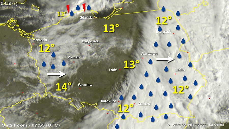 Zdjęcie satelitarne Polski w dniu 22 września 2018 o godzinie 9:55. Dane: Sat24.com / Eumetsat.