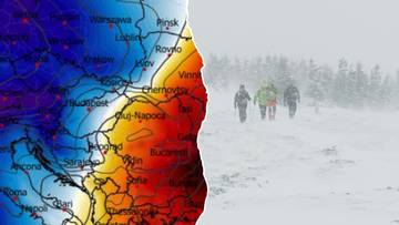 Mapa synoptyczna pokazująca obszary intensywnych opadów śniegu na południu Polski, obok zdjęcie grupy osób idących przez zaśnieżony krajobraz.