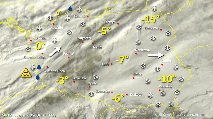 Zdjęcie satelitarne Polski w dniu 11 stycznia 2019 o godzinie 10:05. Dane: Sat24.com / Eumetsat.