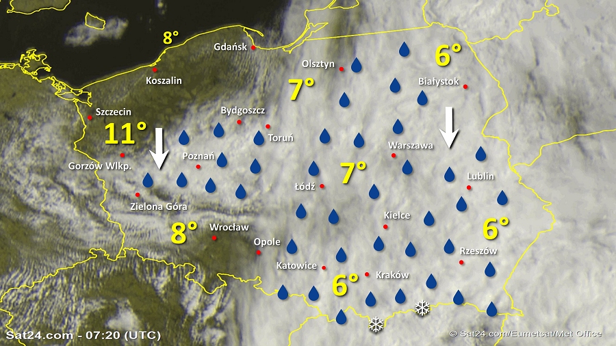 Zdjęcie satelitarne Polski w dniu 14 maja 2019 o godzinie 9:20. Dane: Sat24.com / Eumetsat.