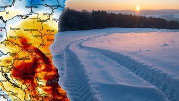 Mapa temperatur w Polsce obok zimowego krajobrazu