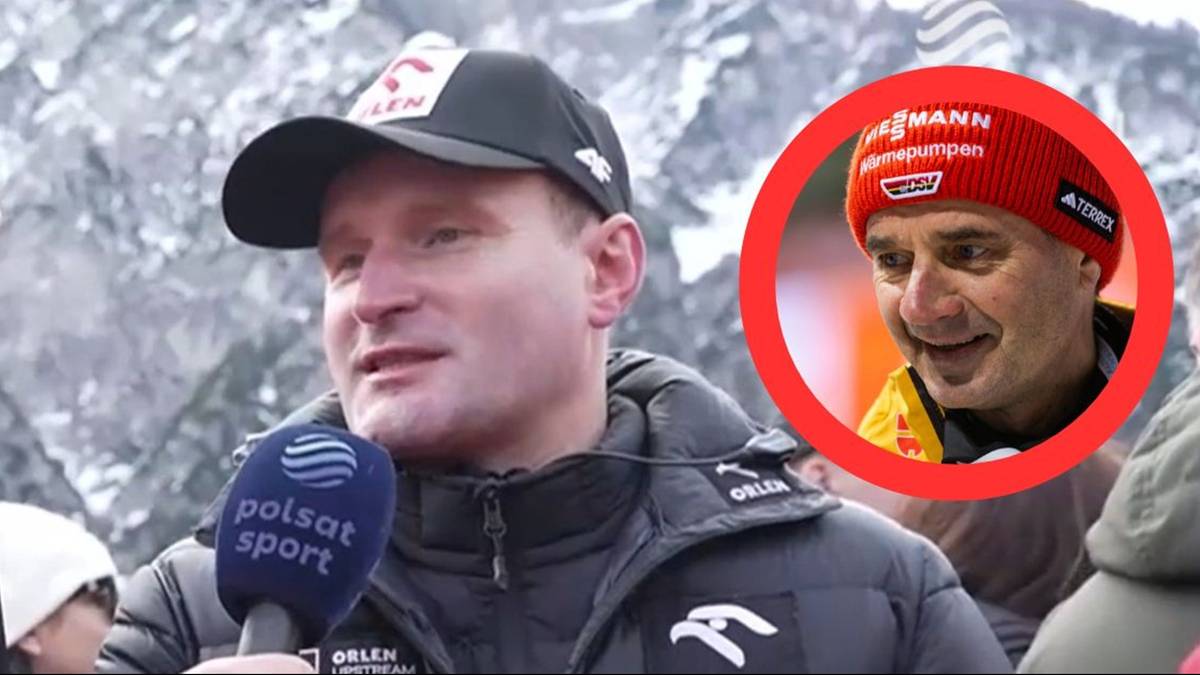 Mężczyzna z mikrofonem Polsat Sport i wizerunek innego mężczyzny w czerwonej czapce.