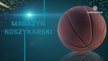 Piłka do koszykówki na ciemnym tle z neonowymi światłami i napisem "Magazyn Koszykarski".