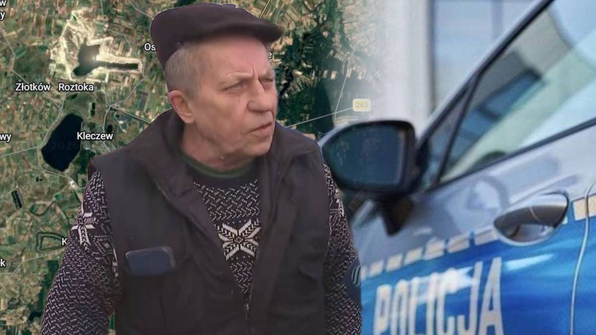 Starszy mężczyzna w czapce i kamizelce na tle mapy i policyjnego radiowozu.