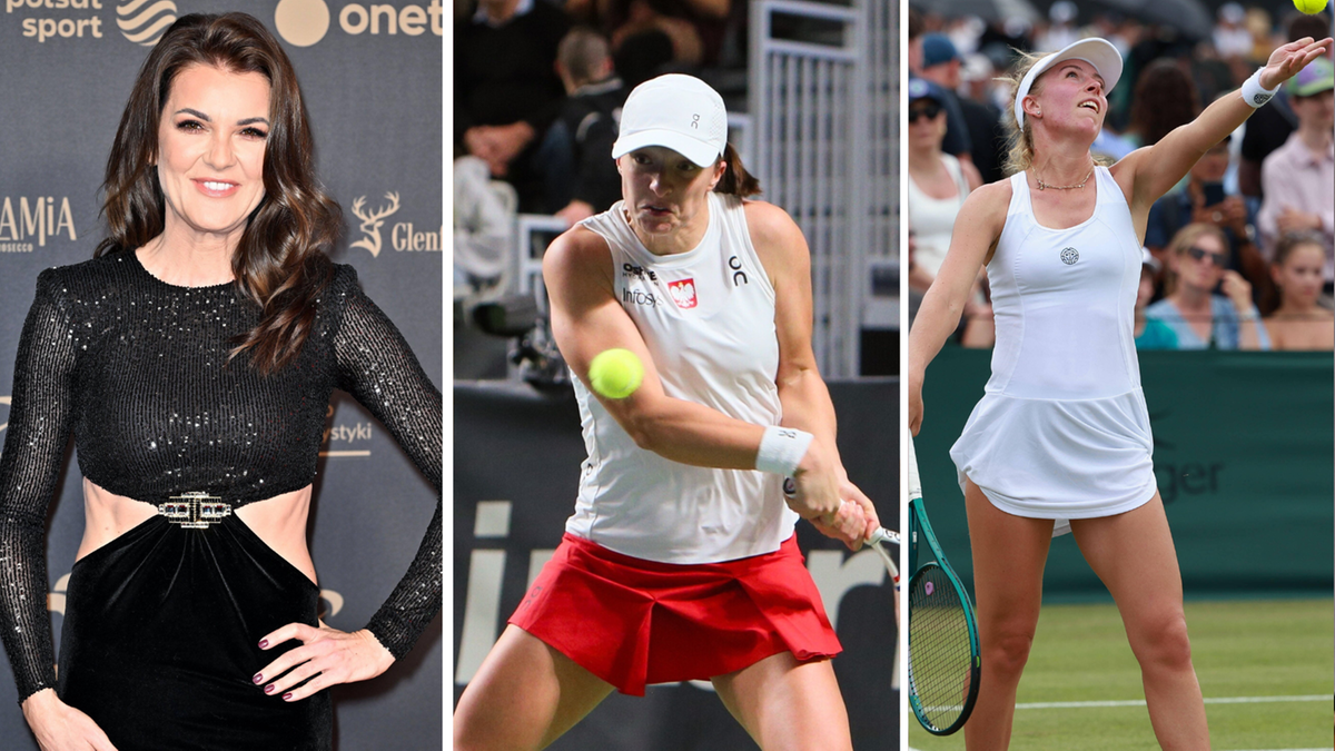 Kolaż trzech zdjęć: po lewej prezenterka telewizyjna w czarnej sukni, pośrodku tenisistka Iga Świątek, po prawej tenisistka Magda Linette podczas meczu.