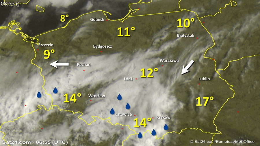 Zdjęcie satelitarne Polski w dniu 2 maja 2018 o godzinie 8:55. Dane: Sat24.com / Eumetsat.