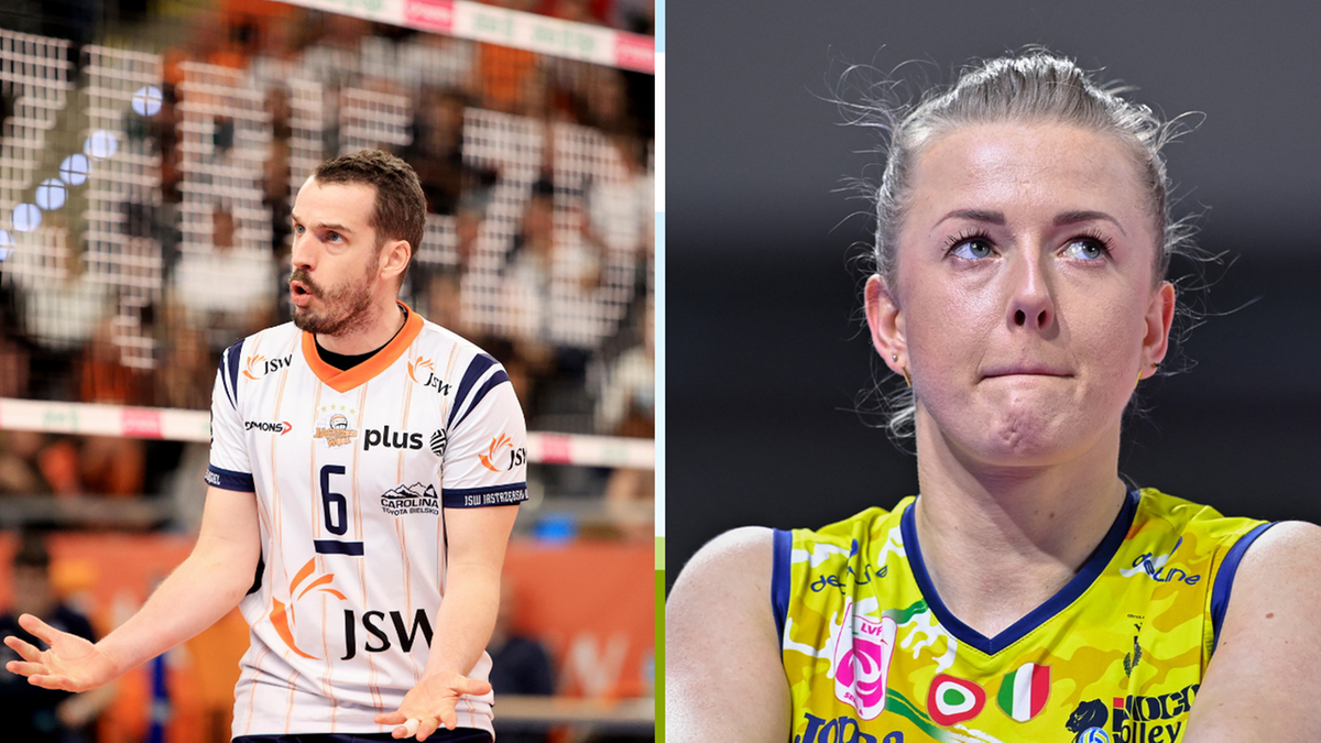 Siatkarz z numerem 6 na koszulce JSW po lewej stronie i siatkarka z blond włosami po prawej stronie.