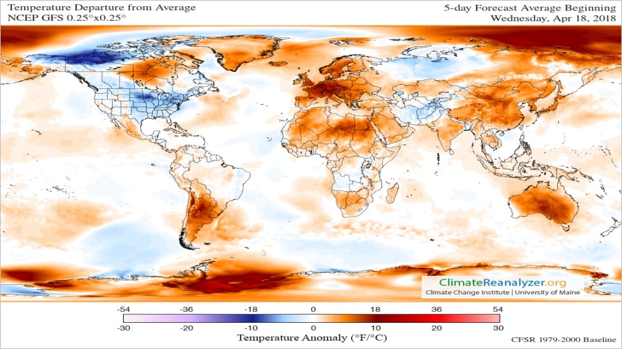 Anomalie temperatury w Europie w ciągu następnych 5 dni. Fot. ClimateReanalyzer.org