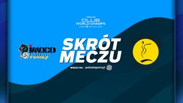 Logo Imoco Volley i napis "SKRÓT MECZU" na niebieskim tle z żółtym okręgiem i sylwetką zawodnika.