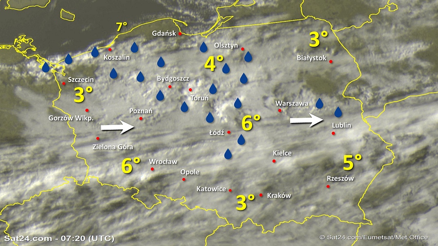 Zdjęcie satelitarne Polski w dniu 29 października 2019 o godzinie 8:20. Dane: Sat24.com / Eumetsat.